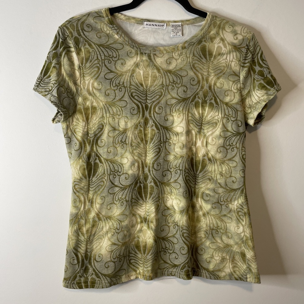 Hannah Tunic Top Women M Olive Scroll Print Short Sleeve Mesh Lined